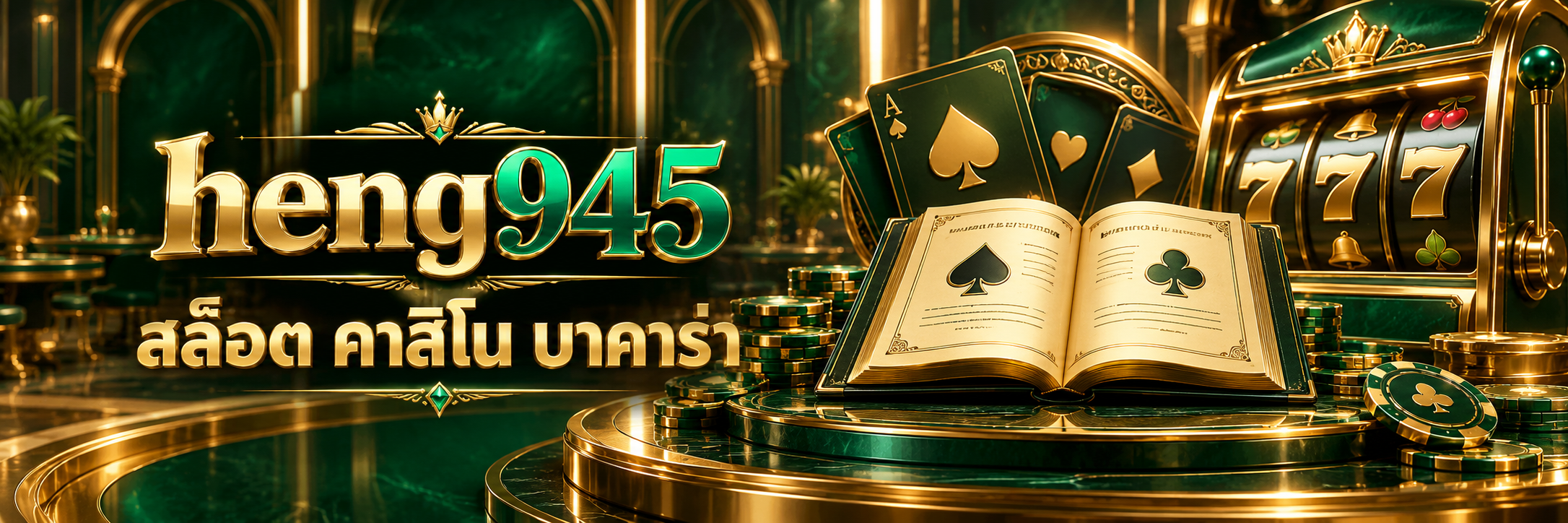 เครื่องสล็อตและสมุดกติกาในฉากภาพประกอบ heng945 โทนเขียวทอง